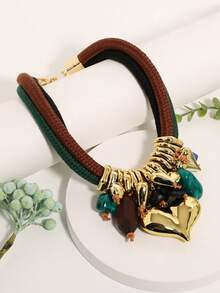 1pc Mixed Element Heart Pendant Necklace, Multi-Layer Chunky Rope Chain, Fashionable & Charming - Multicolor - View 3