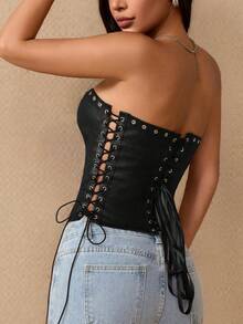 Áo corset gợi cảm, áo croptop định hình eo bằng da PU, áo hở lưng buộc dây phía trước và có khoen kim loại, thích hợp cho Giáng sinh, Lễ Tạ ơn, Tiệc năm mới. - màu đen - Xem 4