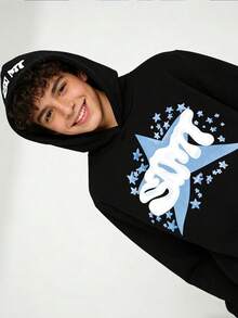 Fashionable And Versatile Teen Boys' Cute Cartoon Star & Smiling Face Print Hooded Sweatshirt, Thermal Lined, Hoodie, Teen Boys Gifts - Black - View 3