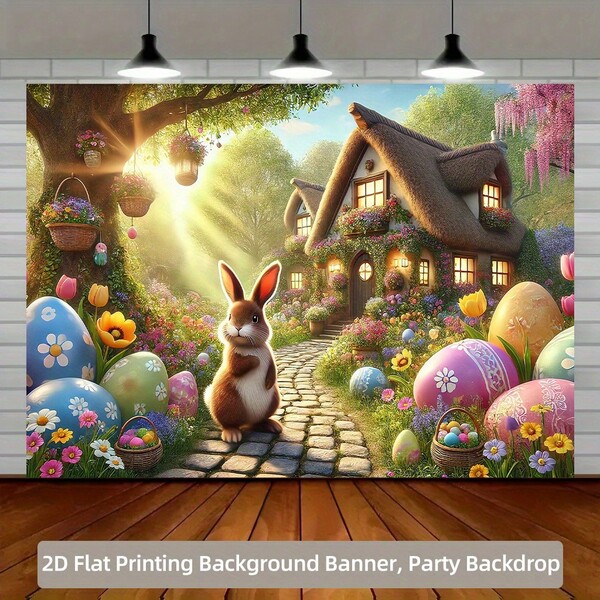 2D Backdrop 1 Pc, Bunny Playing In Front Of Spring Cottage Polyester Backdrop Party Banner, Durable Fabric Decoration For Indoor/Outdoor Events, Birthdays And Celebrations, No Power Required