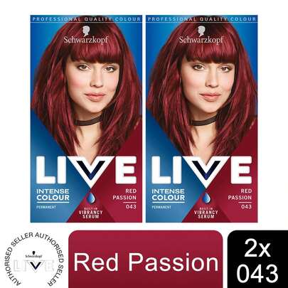  Schwarzkopf LIVE Intense Colour 043 Red Passion Hair Dye 2 Pack, Permanent Vibrant Red Hair Colour With Conditioning Serum, Bold Long Lasting Shade For All Hair Types