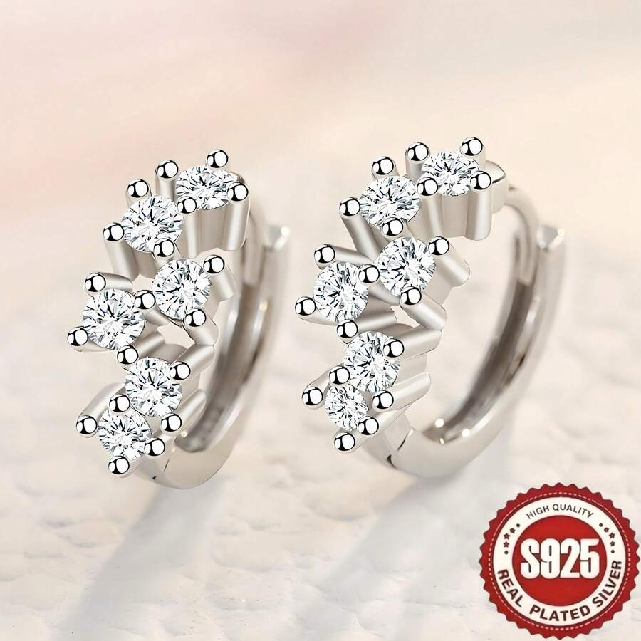 1 par de pendientes de plata de ley 925 hipoalergénicos, vintage, minimalistas, elegantes y con un diseño geométrico de cielo estrellado con múltiples circonitas cúbicas, asimétricos y lineales, adecuados para uso diario, festivales y como regalo para mujeres - Un par de pendientes de cielo estrellado bañados en plata S925 - Ver 1