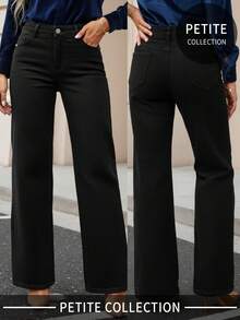 Mid Rise Wide Leg Jeans Star Design Petite Straight Leg Jeans Casual Black Spring - Black - View 1