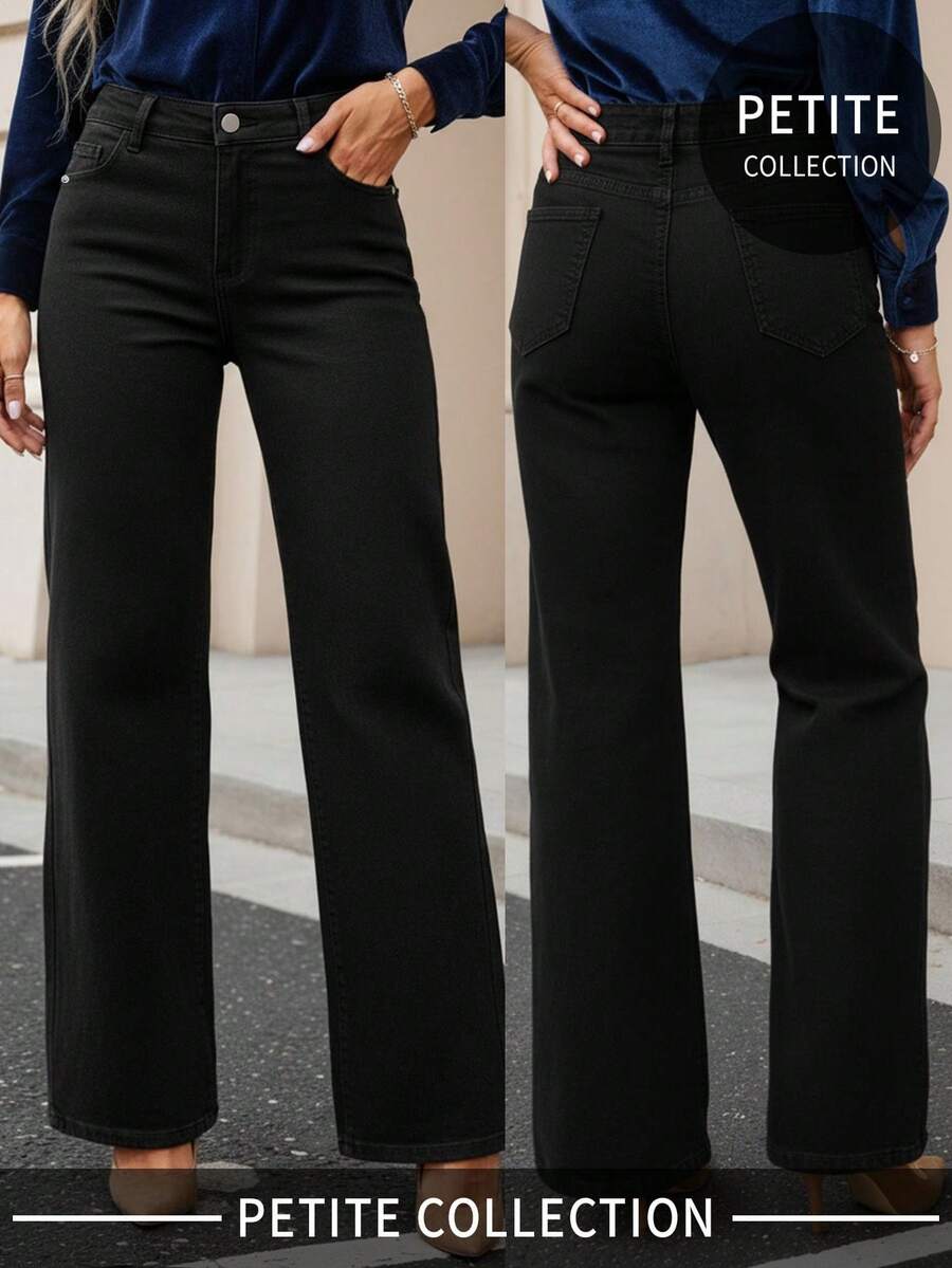 Mid Rise Wide Leg Jeans Star Design Petite Straight Leg Jeans Casual Black Spring - Black - View 1