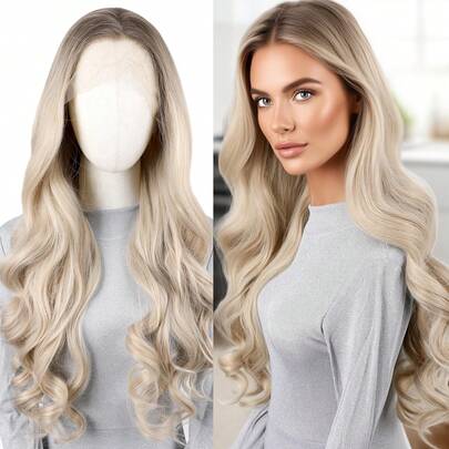 ZigZag Hair Peluca sintética con encaje frontal de 13x3.5 pulgadas en degradado dorado sucio, con línea del cabello previamente desbastada, adecuada para uso diario y fiestas de mujeres de moda, hecha de fibra resistente al calor, sin necesidad de pegamento