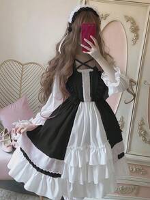 1件洛丽塔可爱学生连衣裙，适合日常穿着、角色扮演、派对、表演、舞会和舞台表演，包含连衣裙