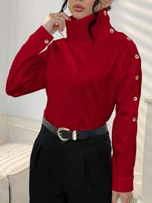 Camisa casual de manga larga con diseño de botones y cuello asimétrico para mujer, primavera - Rojo - Ver 6
