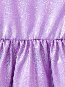 少女紫色珍珠拼接网纱无袖荷叶边收腰可爱甜美网纱连衣裙，夏季 - 紫色 - 查看 6