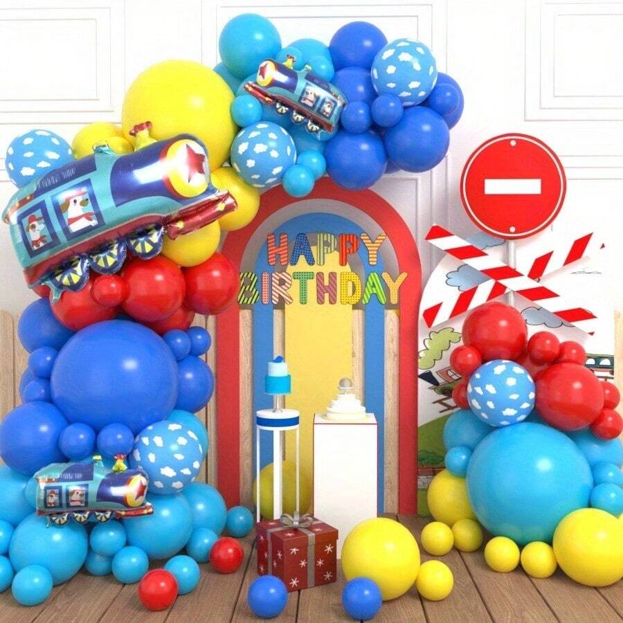 113pcs Train-Themed Balloon Arch Set, Includes Large And Small Train Foil Balloons, As Well As Latex Balloons In Dark Blue, Light Blue, Yellow, Red, And Blue Sky And White Clouds. It Is Suitable For Birthday Parties, Baby Showers, First Birthday Parties, And Cartoon Train-Themed Party Decorations. - Multicolor - View 1