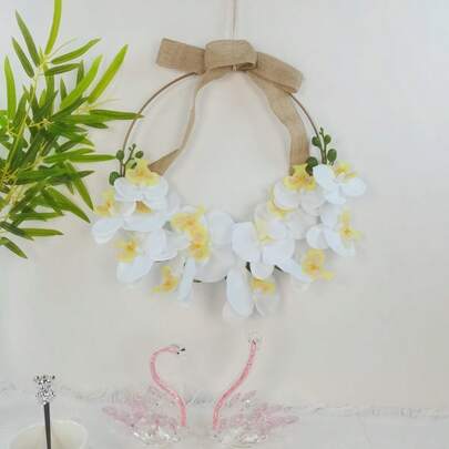 1pc, 40cm Artificial Phalaenopsis Orchid Wreath, Iron Ring Silk Phalaenopsis Flowers & Burlap Bow, Suitable For Home, Store, Holiday, Wedding, Party Decoration