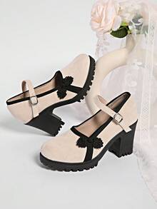 Teenage Girls' Mary Jane Shoes, Thick Heel Cheongsam Shoes With Chinese Button Design, Beige High Heel Shoes, Elegant And Comfortable Black High Heels, Suitable For Outdoor Casual, School, Banquet, Birthday, Festival, Party And Other Occasions - Beige - View 1