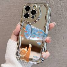 かわいい猫と金魚デザイン 電鍍防摔スマホケース for  17promax,16pro,15plus/14/13/12/11 衝撃吸収 保護カバー 可愛いアニメ風 スタイリッシュ スマホアクセサリー 軽量 高品質素材 日常使用に最適 携帯電話を守る ユニ - シルバー - チェックする 1