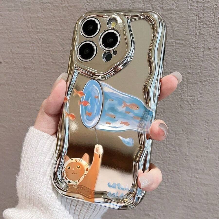 かわいい猫と金魚デザイン 電鍍防摔スマホケース for  17promax,16pro,15plus/14/13/12/11 衝撃吸収 保護カバー 可愛いアニメ風 スタイリッシュ スマホアクセサリー 軽量 高品質素材 日常使用に最適 携帯電話を守る ユニ - シルバー - チェックする 1