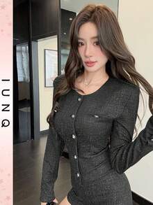 IUNQ Free Shipping. Chic Women's Black Woven Jumpsuit. Features Long And Regular Sleeves, A Button Front, A Round Neck, And A Short Length. - 黑色 - 查看 9