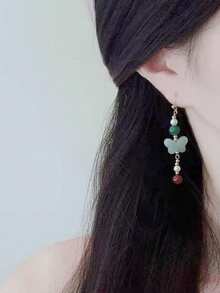 1 Pair Vintage Chinese Style Beaded Butterfly Earrings, Fashionable & Versatile Accessories For Women - Multicolor - View 1