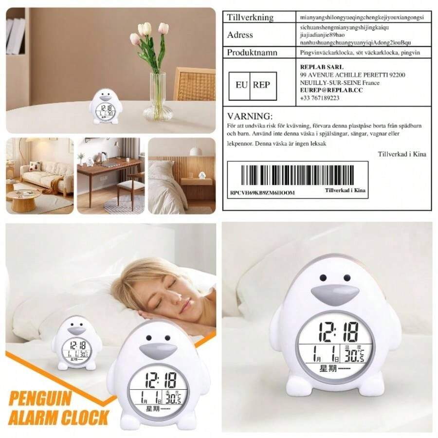 Reloj despertador de pingino, reloj despertador lindo, Reloj de escritorio de dibujos animados en forma de pingino - Reloj despertador digital silencioso, reloj para Ok para despertar con pantalla de - Blanco - Ver 1