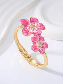 Vintage Chic Alloy Metal Gold Floral Bracelet, Colorful Enamel Flower Bangle, Fashionable Long-Lasting Thick Bracelet, Multicolor Enamel Dopamine Inspired Floral Open Cuff Bracelet, Suitable For Women's Daily Wear, Holidays, Beach, Parties - Flowers - View 10