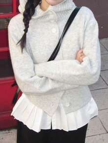 Women's Solid Color Retro Korean Style Casual Single-Breasted Cardigan Sweater - Grey - View 1