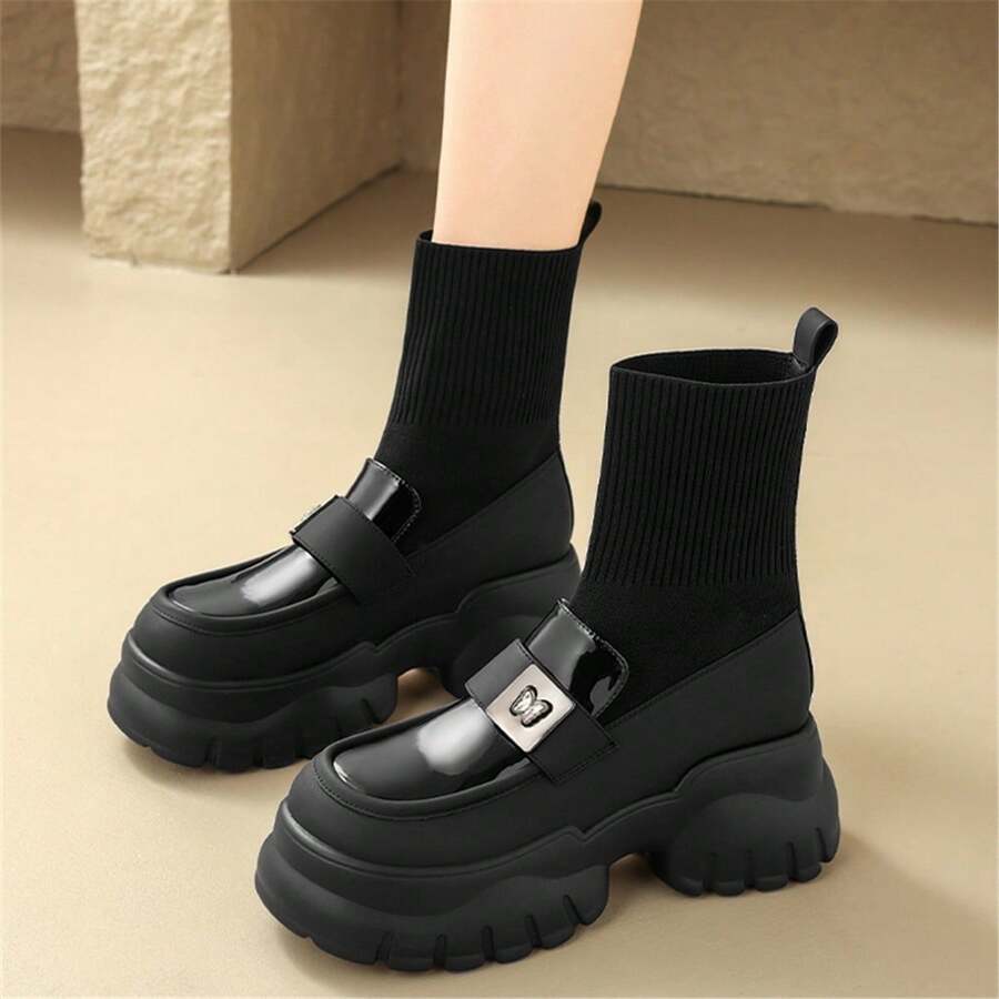 Stivali corti e skinny per aumentare l'altezza delle donne, nuovi per l'inverno - Stivali con suola spessa e platform, con punta tonda, riscaldati e con tomaia elasticizzata - velluto nero - Visualizzare 1