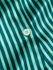 HOMEYEE Women's Fashionable Green Striped Button-Front Long Sleeve Office/Business Commute Shirt - Green - View 5