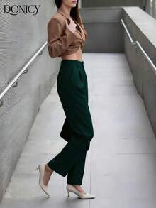 DONICY 女士纯色高腰宽松直筒褶皱裤，柔软舒适，时尚百搭，优雅都市休闲裤，适合日常休闲、约会、派对、情人节、嘉年华、商务办公等场合。 - 墨綠色 - 查看 10