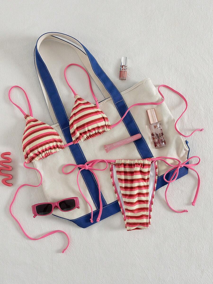 PEPPERMOLLY 新款柔软条纹毛巾布可调节肩带交叉露背性感比基尼套装，女士夏季沙滩时尚泳装 - 粉紅色 - 查看 1