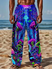 1pc Men'S Neon Glow-In-The-Dark Pants - Loose-Fit Straight-Leg Trousers With Neon Glow-In-The-Dark Print, All-Over Neon Colors (, Pink, Green, Purple, Orange, Yellow, Red) - Casual & Formal Outfits - Machine Washable - Ideal For Parties, Fishing - 彩色 - 查看 3