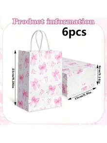 6/12个装蝴蝶结纸质礼品袋，8.3 x 5.9 x 3.1英寸，粉色蝴蝶结印花白色纸袋，带提手，派对糖果袋，适用于蝴蝶主题派对、婚礼、生日、新娘送礼会、婴儿派对等场合。 - 粉色 - 查看 11