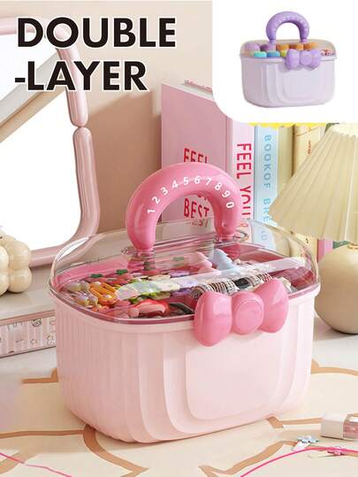 1个大号透明双层收纳盒，带分隔板，便携防尘，适合存放发夹、发带 - 粉色/紫色/红色/蓝色，是送给女性和女孩的理想礼物，适合返校、节日、情人节等场合。