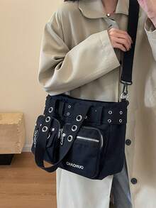 复古大容量托特包，酷炫朋克Y2K单肩包，女士铆钉装饰斜挎包/手提包，多功能多口袋纯色户外旅行斜挎包，休闲日常通勤购物袋 - 黑色 - 查看 4