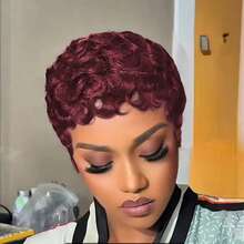 1B Black & 99J Wine Red Curly Wavy Short Wig, 100% Human Hair Pixie Cut Wig, Layered Pixie Short Wig With Bangs, Realistic Lace-Free Full Machine Wefted Wig, Suitable For Daily Wear
