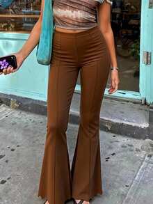 Women's Basic Ruffle Hem Flared Pants, Office Business Casual Leggings, Autumn - Brown - View 6