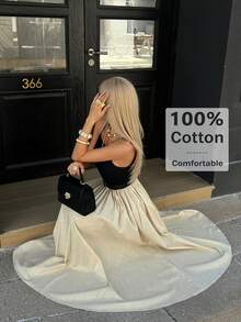 Women's Elegant Party Date Maxi Dress | Black Knit Patchwork Apricot A-Line High Waist | Waist Belt Included | Vacation & Business Casual | 2026 Spring Summer - Multicolor - View 2