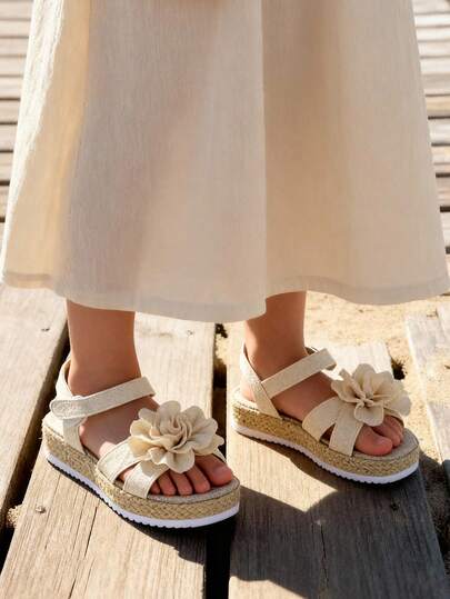 Girls' Summer Vacation Floral Sandals, Hook And Loop Design, Children's Platform Sandals, Woven Soles, Non-Slip & Comfortable!