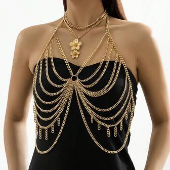 Cadena superior de diseño único con flor de flecos versátil dorada y multicapa