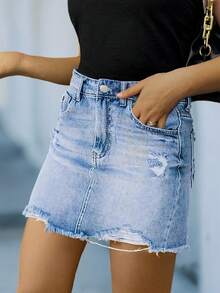Women's Pockets Distressed Frayed Hem Fashionable Denim Mini Skirt - Blue - View 3