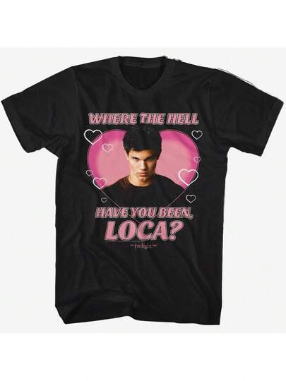 Twilight Saga Jacob Loca Hearts Graphic Tee Men Black Pink Heart Print Vintage Movie Fan Gift Crew Neck All Season Playful Tee S-3XL Nonstretch Fabric