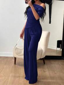 女士两件套，休闲优雅纯色不对称下摆塑形上衣，适合婚礼招待会、晚宴约会，搭配纯色直筒裤，适合日常穿着、度假和海滩度假。 - 藏蓝色 - 查看 9