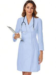 Solid Color Elegant Double-Breasted Front Dress, Fashionable And Graceful Uniform For Beauty Salons, Maternity Centers, Casual Outdoor Dress Spring - Medium Wash - View 9