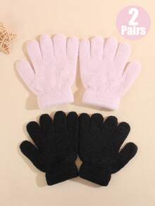 3-6T Toddler Soft Fuzzy Full Finger Gloves 2Pairs Warm Knit Children Cold Weather Mittens Multi-Color Kids Winter Gloves Daily Outdoor School Accessory - Multicolor - View 1