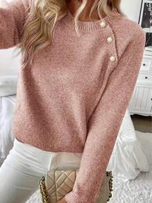 Oblique Button Crew Neck Soft Women Pullover Sweater, Solid Color Ribbed, Suitable For Everyday, Christmas, Valentine's Day, Spring/Autumn, Autumn/Winter - Coral Pink - View 5