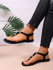 女士时尚圆头串珠波西米亚风平底人字拖凉鞋 - 黑色 - 查看 3