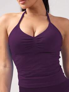 女士瑜伽运动文胸无袖露脐运动上衣，弹力健身训练背心，透气夏季款 - 紫色 - 查看 10