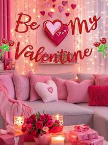 2pcs Heart-Shaped Rose Pull Flags, Valentine's Day Party Banner Hanging Decor, Glitter Rose Flower Decorations, Valentine's Day Atmosphere Decor, Event Party Decorations, Home Decor