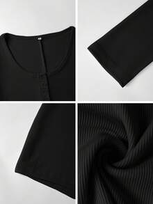 Vaiaye Women's V-Neck Button Solid Color Minimalist Jumpsuit - Slim Fit Long Sleeve Short Jumpsuit, Suitable For Fitness, Sexy Versatile Outdoor Sports, Valentine's Day Spring/Summer Long Sleeve Knit Jumpsuit - Black - View 8