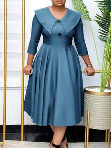 Women's Mid-Length Straight Dress, Peter Pan Collar Design, Fitted Top & Loose Bottom, Metal Flower Belt Decor, Casual Solid Color, Vertical Button Closure, Comfortable For Work, Daily Wear, Spring/Autumn/Winter - Dusty Blue - View 4