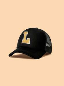 Mũ lưỡi trai trẻ em màu đen, in 26 chữ cái theo yêu cầu, họa tiết chữ bằng vải đính kim sa vàng, kiểu dáng thời trang, tinh tế, đa năng, nhẹ, thoáng khí với thiết kế đục lỗ, thích hợp làm quà tặng sinh nhật, ngày lễ, phù hợp cho bé trai và bé gái sử dụng hàng ngày ngoài trời, đi học, giải trí vào mùa xuân hè. - màu đen - Xem 35