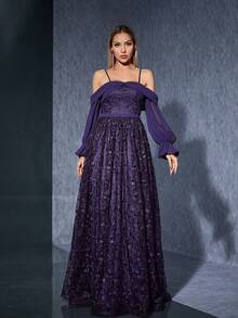 One-Shoulder Sling Chiffon Long Sleeve Embroidered Lace High-End Evening Dress - Purple - View 5