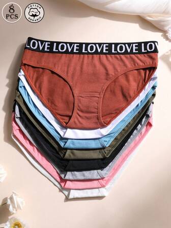 8条装女士时尚纯棉低腰无痕三角裤，LOVE字母腰带，舒适透气，运动内衣
