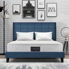 Upholstered Bed With Padded Headboard, Double Bed With Slatted Base, 140x200cm, In Blue Linen, Medium Firmness (With Spring Mattress) - Royal Blue - View 1